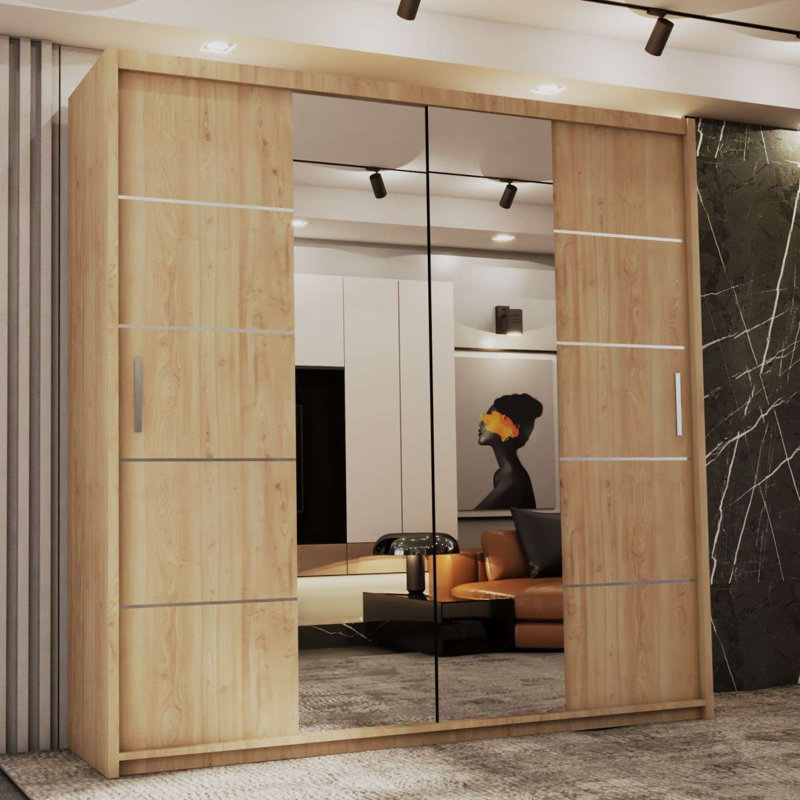 Burgues 2 Door Laminate Wardrobe, 217cm H x 203cm W x 62cm D, Oak