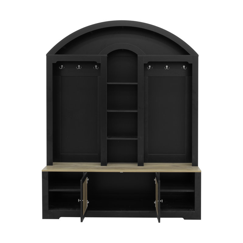 72"H Multi-Functional Wardrobe with Shoe Racks, Hooks & Clothes Hanger, Modern Entryway Storage, Black, Black/Natural