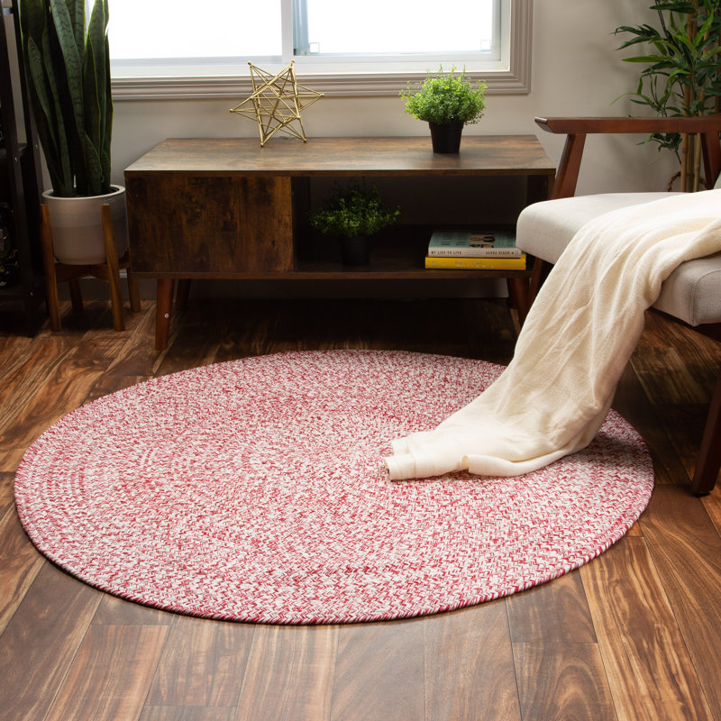 Etherton Farmhouse Braided Cotton Red/White Area Rug, Round 6'
