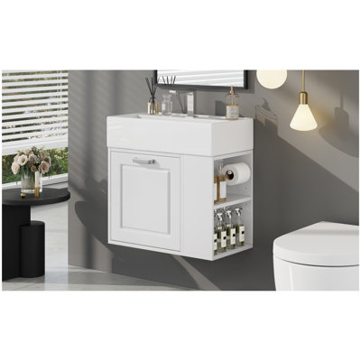 21.8 inch Bathroom Vanity with Sink, Wall Mounted Floating Cabinet, One big Drawer, Adjustable Shelf, Toilet Paper Holder, Soft-Close System, White