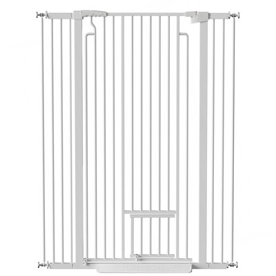 Très haute barrière pour chat de 53,15 po, large de 29,53 po à 40,16 po avec petite porte pour chat, barrière de sécurité pour animaux à fermeture automatique, espacement entre les barres étroites de 1,37 po, sans trousse de fixation à pression pour chats et chiens, blanc