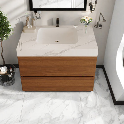 Meuble-lavabo moderne peu encombrant avec lavabo en céramique, finition noyer, idéal pour les petits espaces