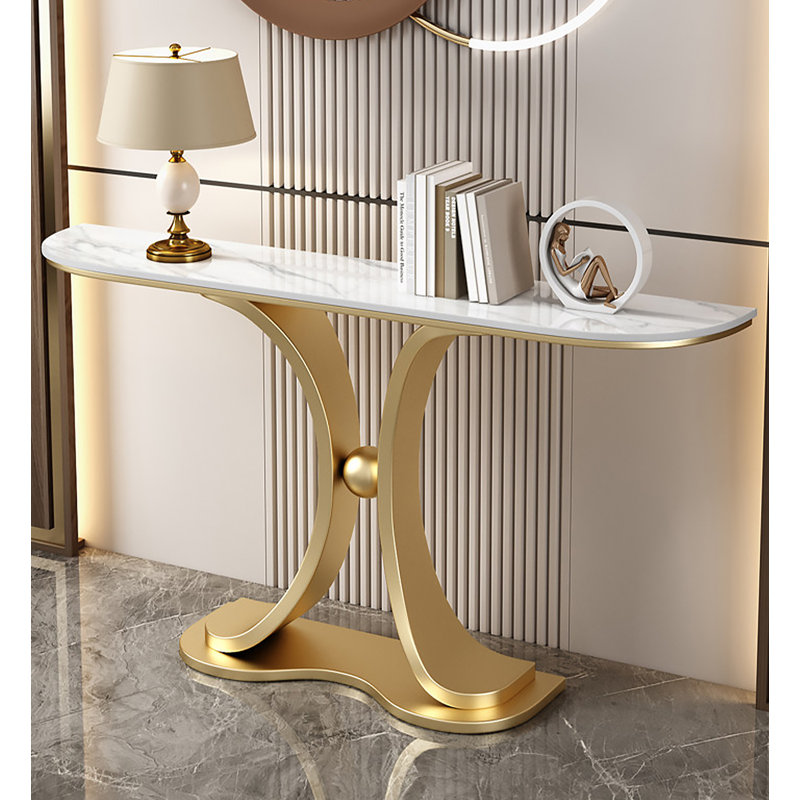 Table d'entrée en métal courbé à base en métal fritté pour hall d'entrée, H 31,5 po x l 39,37 po x P 11,81 po, White / Gold
