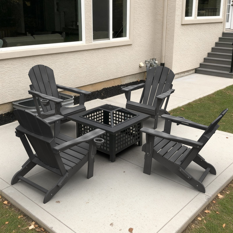 HDPE Outdoor Adirondack Foldable Chair Set Fire Pit Chair with Cup Holder, Black
