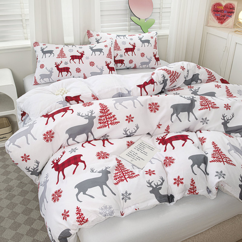 Ensemble de housse de couette Christmas Reindeer - Literie réversible de 2 à 3 pièces avec flocons de neige et arbres, housse d'édredon en microfibre douce avec taies décoratives (grand)