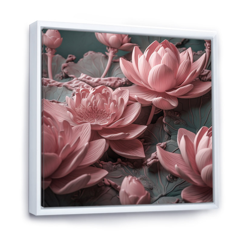 Fleur de lotus rose délicat sur toile, Cadre flottant blanc, H 24 po x l 24 po x P 1 po