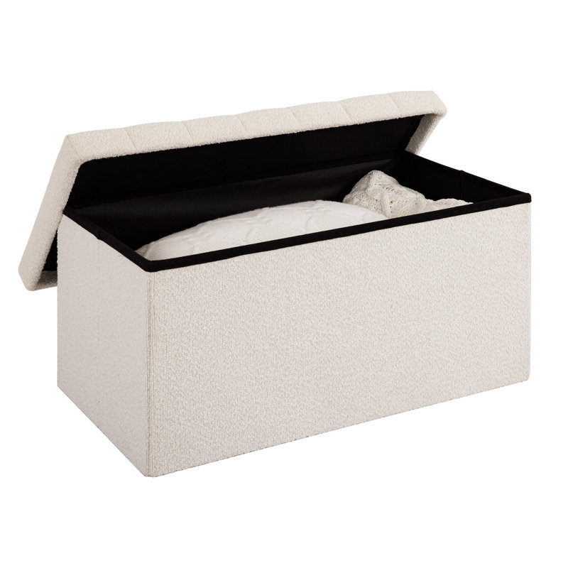 30" White Boucle Upholstered Storage Ottoman Bench
