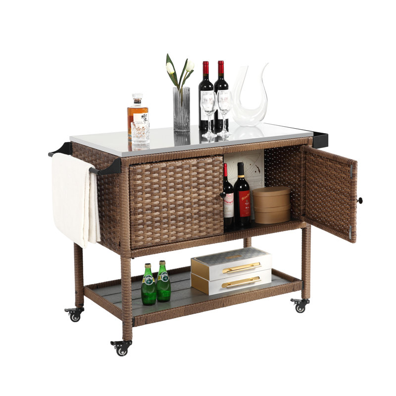 Outdoor Kitchen Wicker Island Rolling Cart & Storage Cabinet With Wheels And Stainless Steel Extended Table Top