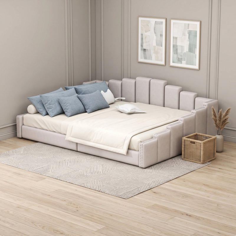 Lit de jour grand en velours avec lattes, Beige