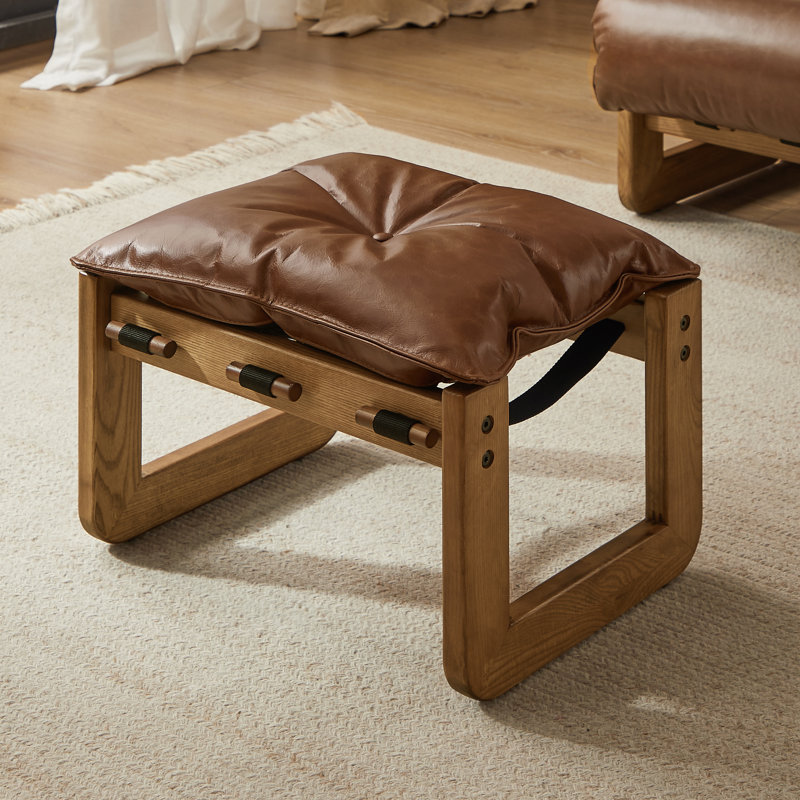 Devin 16.93'' W Genuine Leather Upholstered Rectangle Ottoman With Solid Ash Wood Base, Green