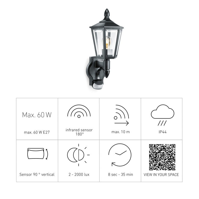Steinel L 115 S Anthracite Classic Outdoor Wall Light PIR Motion Sensor Glass Globe Soft Light Manual Override