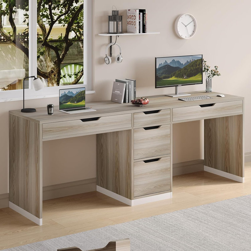 78 Inch Double Desk for Two People with 5 Drawers, Extra Long Computer Desk Writing Workstation (Incl. File Drawer) for Home Office