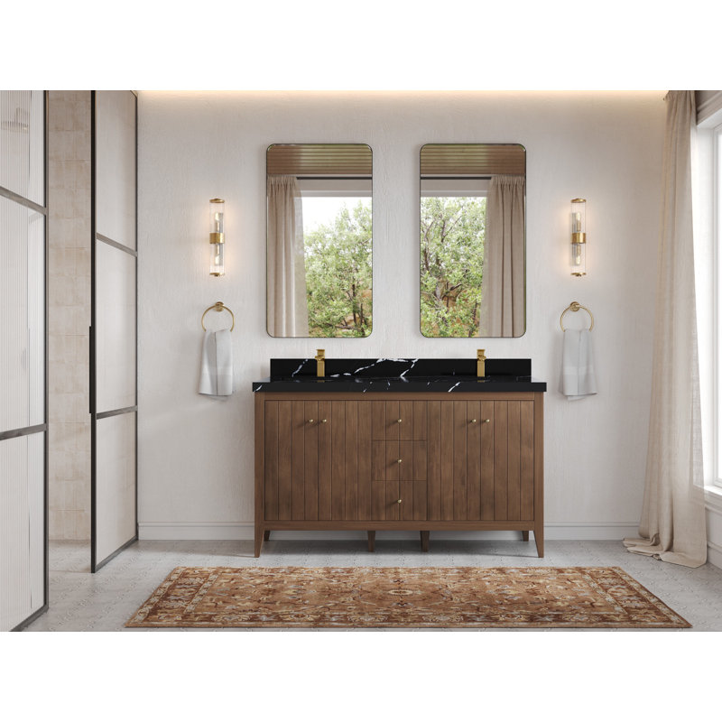 Meuble-lavabo double 60 po avec plateau Atlanta, Noir Calacatta