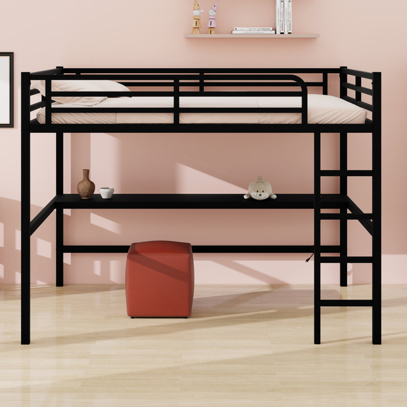 Lit mezzanine en métal avec prise de courant et éclairage à DEL, peu encombrant, Noir