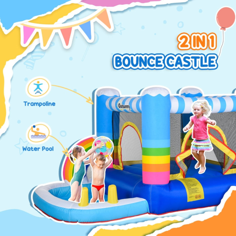 Kids Inflatable Bounce Castle With Trampoline, Pool & Climbing Wall, Quick Inflatable Bouncy House With Inflator And Carry Bag For Ages 3-8