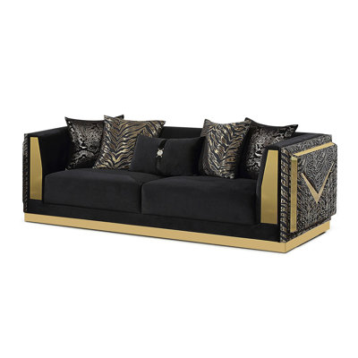 92.4" W Glam Sofa, Black Velvet/Gold
