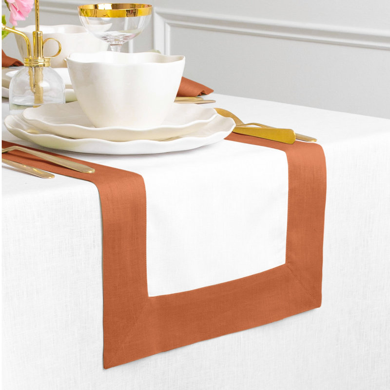 Contempo - 100% Pure Linen Table Runner, 72" x 14", Cinnamon/White