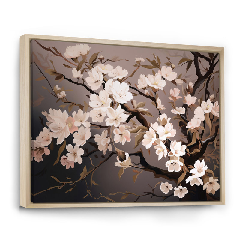 Branche avec fleurs de cerisier roses et blanches I - impression, 12" H x 20" W, Cadre flottant brun