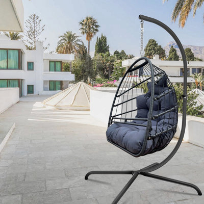 Fauteuil à œufs pivotant avec support Fauteuil suspendu en osier de rotin pour l'intérieur et l'extérieur avec support de type C, avec coussin et oreiller