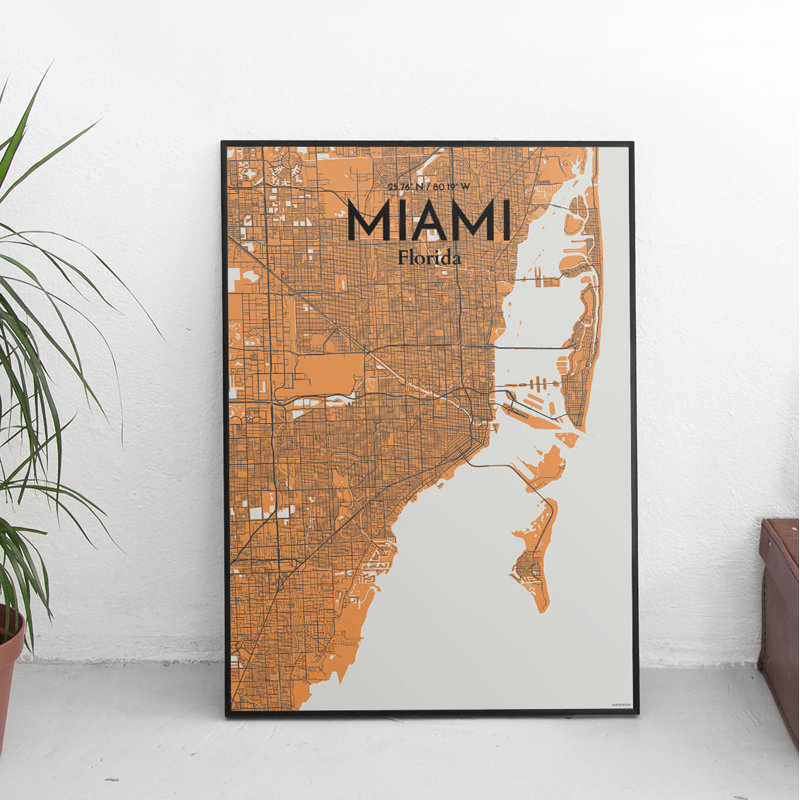 « miami city map », reproduction d’impression sur affiche orange, H 24 po x l 18 po x P 0,05 po