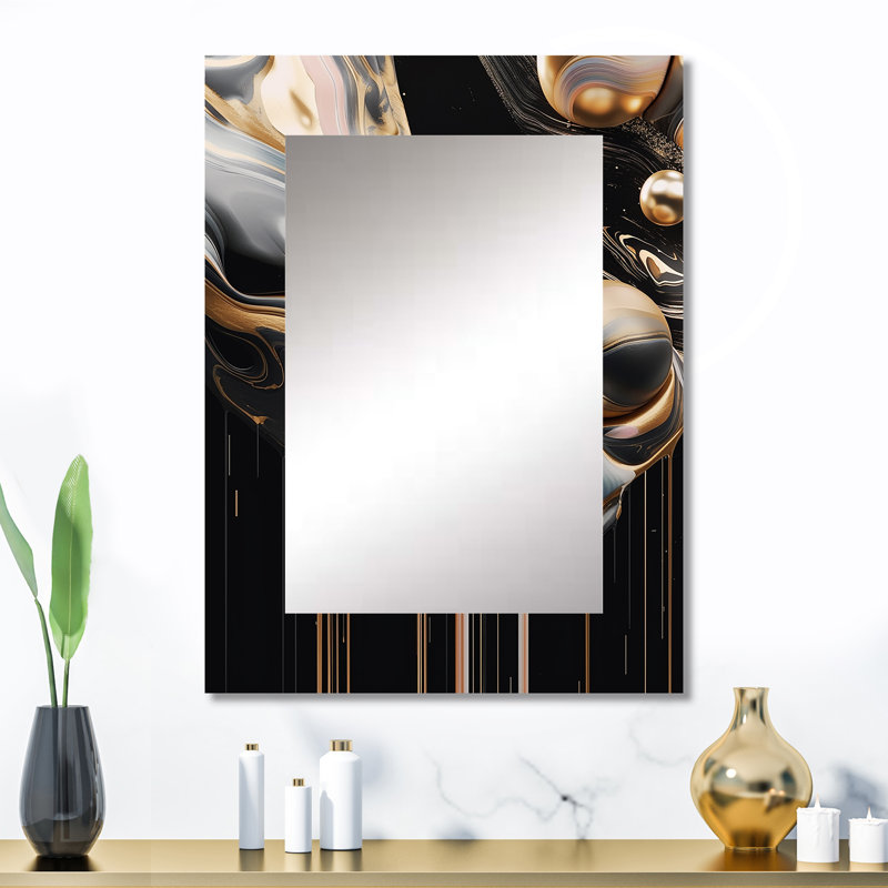 Gold And Black Marble Mirage V - Marble Decorative Mirror, Modern Wall Mirror, Printed Metal Art, 32" x 24"