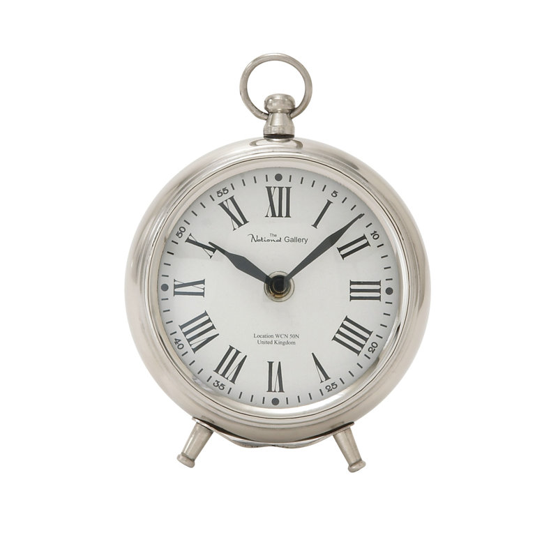 Roman Numeral Mechanical Tabletop Clock in Silver