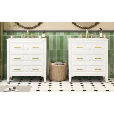 Meuble-lavabo 60 po avec lavabo en céramique, structure en bois massif, 3 tiroirs, planche simple, apparence rétro, meuble-lavabo à charnières réglables à fermeture douce, solution de rangement polyvalente, style classique, design
