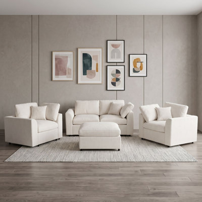 4-Piece Chenille Living Room Furniture Set with Accent Chairs, Loveseat Sofa, Movable Ottoman and 3 Throw Pillows