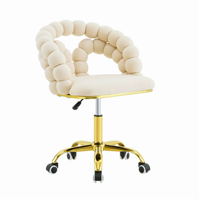 Chaise de bureau pivotante en velours moderne avec dossier à bulles, fauteuil de coiffeuse rembourré avec base en métal doré, chaise de bureau roulante pour bureau à domicile, chambre à coucher, salle de maquillage (ensemble de 1)