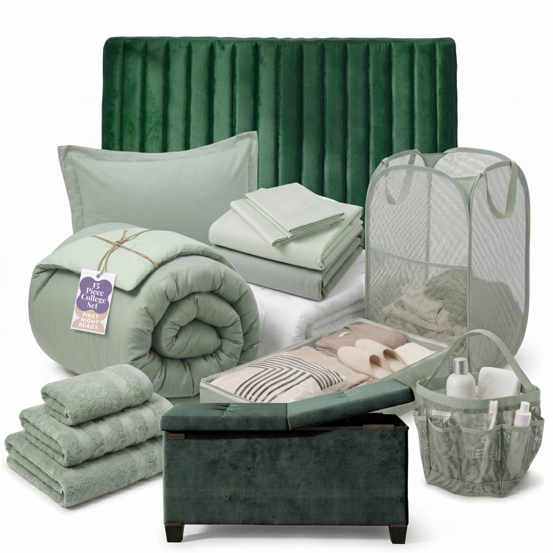 Ensemble de literie de chambre à coucher pour chambre à coucher avec lit escamotable simple et essentiel 15 pièces avec tête de lit roulée et repose-pieds avec rangement AMYX