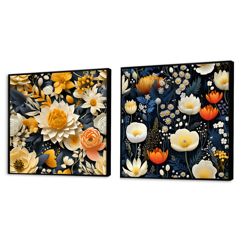 Palermo - Ensemble de 2 collages floraux carrés, Cadre flottant noir, H 16 po x l 33 po