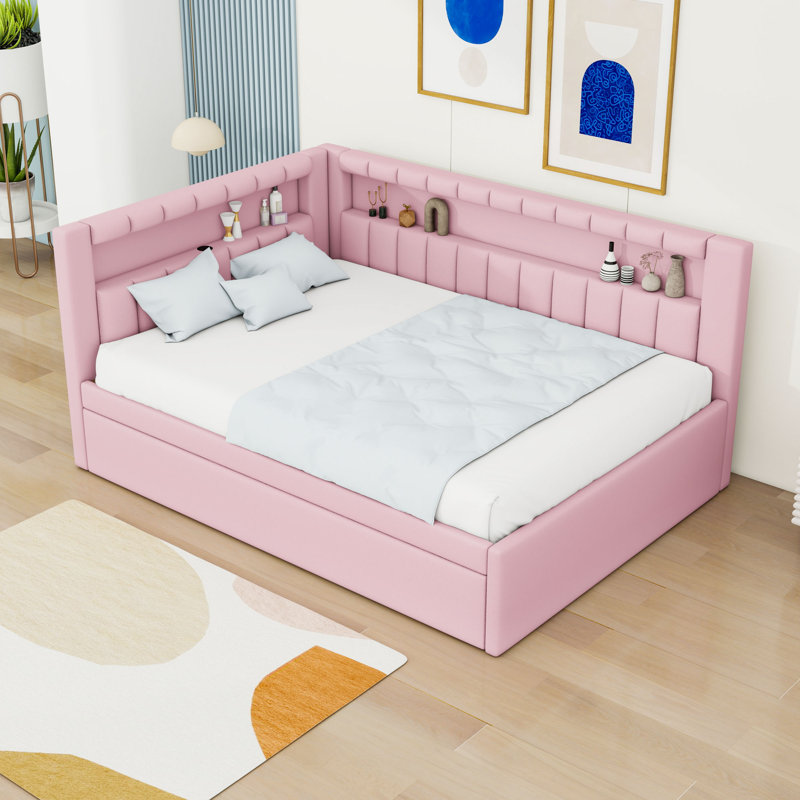 Full Size Upholstered Daybed with LED, USB Ports and Twin Trundle, Pink