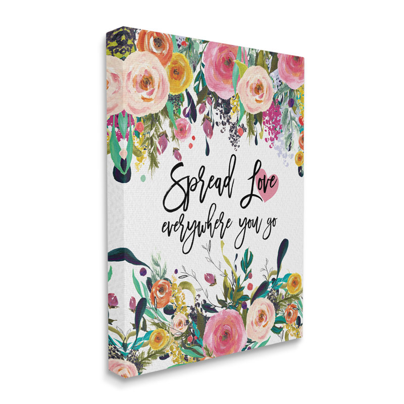 Spread Love, phrase, fleur rose, calligraphie par Amy Brinkman - impression, Toile tendue, L 16 po x H 20 po