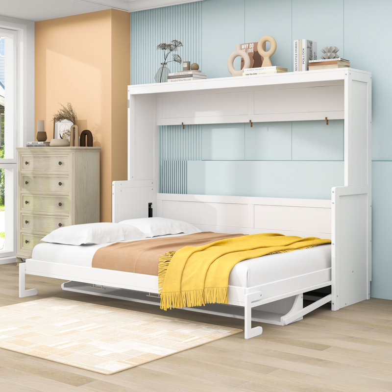 Lit escamotable en bois avec tablettes de rangement, Blanc, Grand
