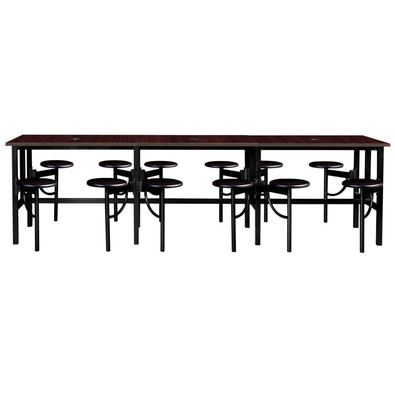 Ensemble de table et chaises Harriet à hauteur debout avec 12 tabourets coulissants, plateau en noyer et sièges en bois de noyer