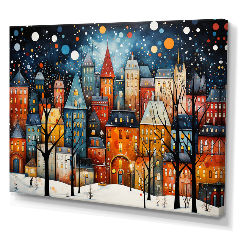 Orange orange Village Art déco - Art mural déco ville, Toile tendue, H 30 po x l 40 po x P 1,5 po