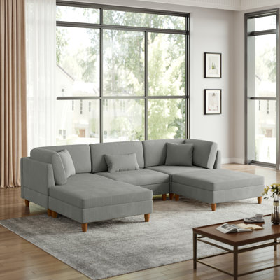 Seemab 5 - Piece Upholstered Light Gray Corduroy Modular Sectional with Pillow Back and Removable Ottoman