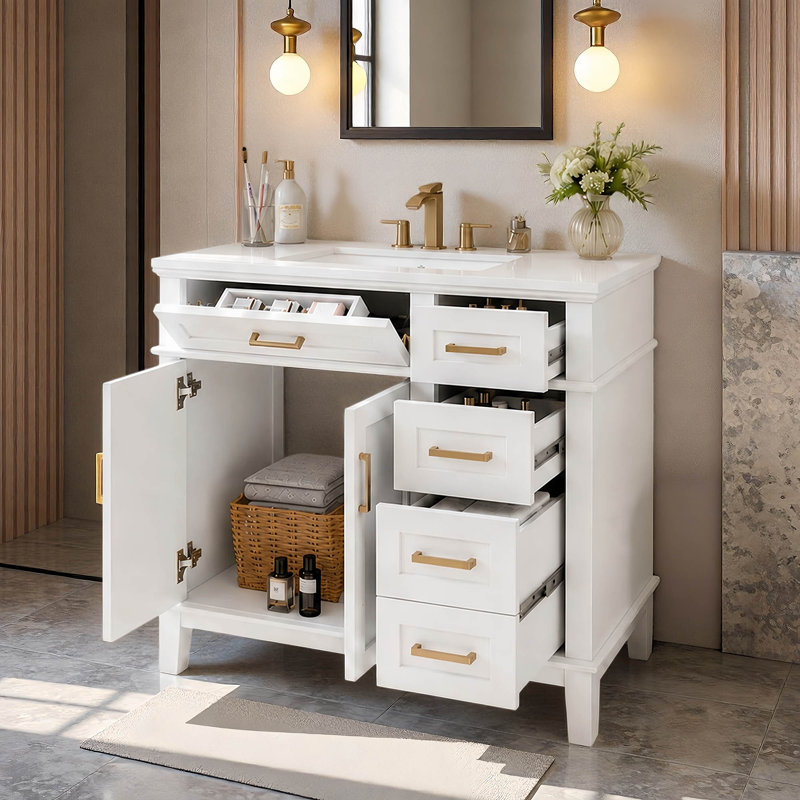 Meuble-lavabo simple 36 po avec plateau en céramique, Blanc