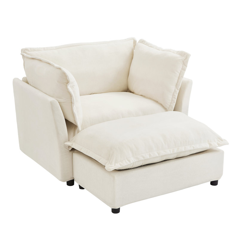 Chaise d'appoint moderne avec repose-pieds mobile et revêtement en chenille Chennova, Beige