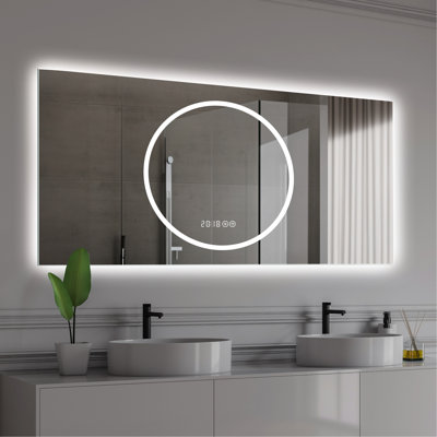 Miroir de salle de bain horizontal 48 po x 24 po avec brouillard, contrôle de l'éclairage complet, construction sécurisée, fixation en verre argenté de 48 po x 24 po de 5 mm, 3 températures de couleur, deux options d'alimentation,