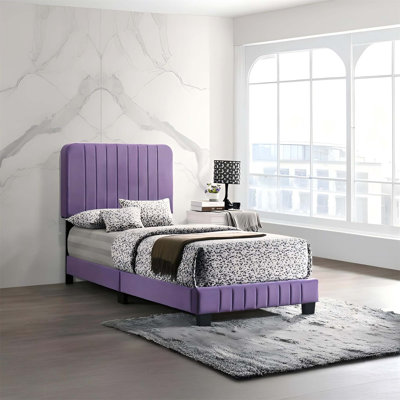 Contemporary Velvet Upholstered Bed In Vibrant Purple With Channel Tufting And Sturdy Wood Legs