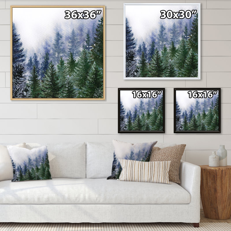 Forêt naturelle dans une scène de brouillard - peinture sur toile, H 36 po x l 36 po, Cadre flottant noir