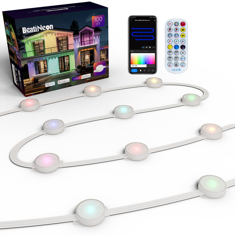 100Ft RGB+IC Permanent Outdoor Lights, Smart Eave Lights, 60 LEDs Individual Control, IP68 Waterproof Lighting for House Holiday, App & Remote Control, Works with Alexa, Google Assistant