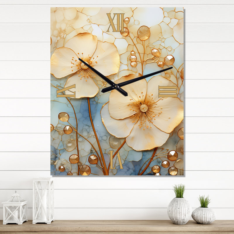 Horloge murale «Blossoming White Retro Violets - Fractals» surdimensionnée, H 32 po x l 24 po x P 1 po