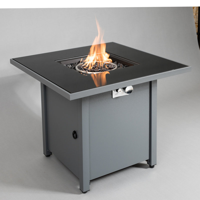 30" W X 25" H Steel Outdoor Fireplace, Gray Modern Style, Push Button Ignition System, Smoked Glass Heat Top, Propane/natural Gas, Year-round Useable Fireplace Desk, Look, Ignition, All Exterior