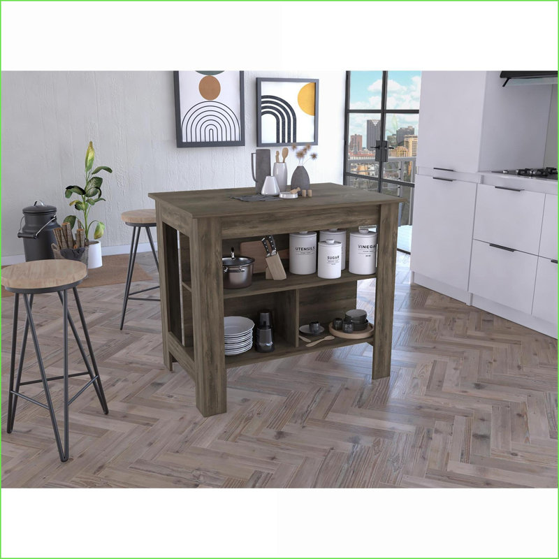 Îlot de cuisine avec 3 tablettes, quatre pieds | Marbre d'Ibiza | Rectangulaire | Panneau de particules, Brown