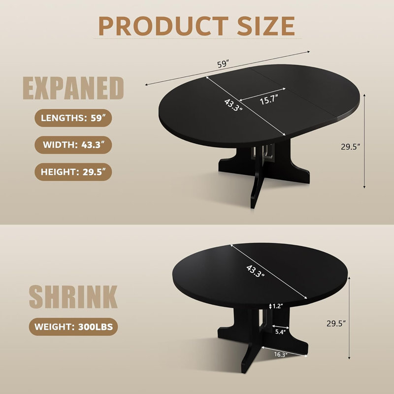 59"Extendable Round/Oval Wooden Dining Table for 4-6 Heavy Duty Pedestal Base, Black