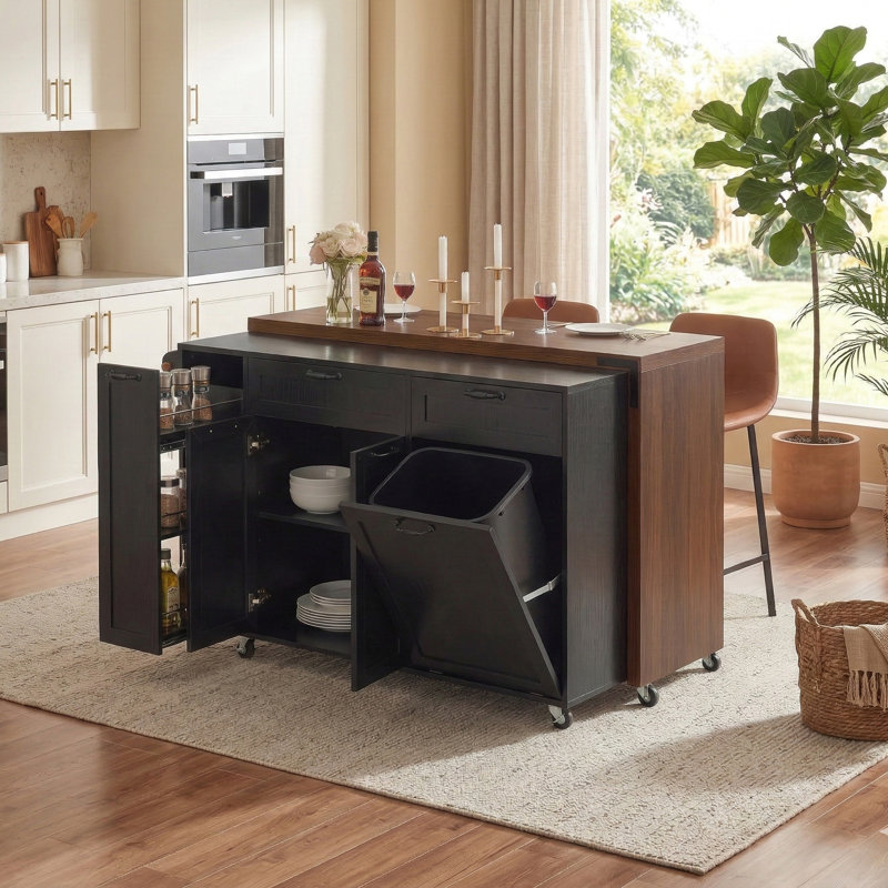 102.3" Modern Kitchen Island With Rotatable Extending Dining Table, Storage Kitchen Islands, Ash Black