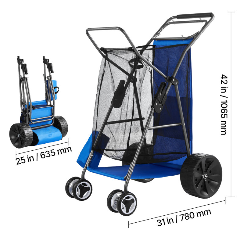 Chariot de plage avec grandes roues pour le sable, capacité de charge de 165 lb, chariot de plage pliant robuste avec roues solides de 10 po, sac isotherme, porte-parapluie, peut accueillir 4 chaises de camping et de pêche