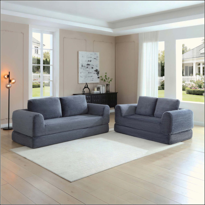Canapé-lit convertible 2-en-1 pliable, canapé-lit en velours côtelé moderne avec 2 * oreillers, ensemble de canapé-lit modulaire sans dossier avec lit escamotable, canapé-lit pliant pour le salon